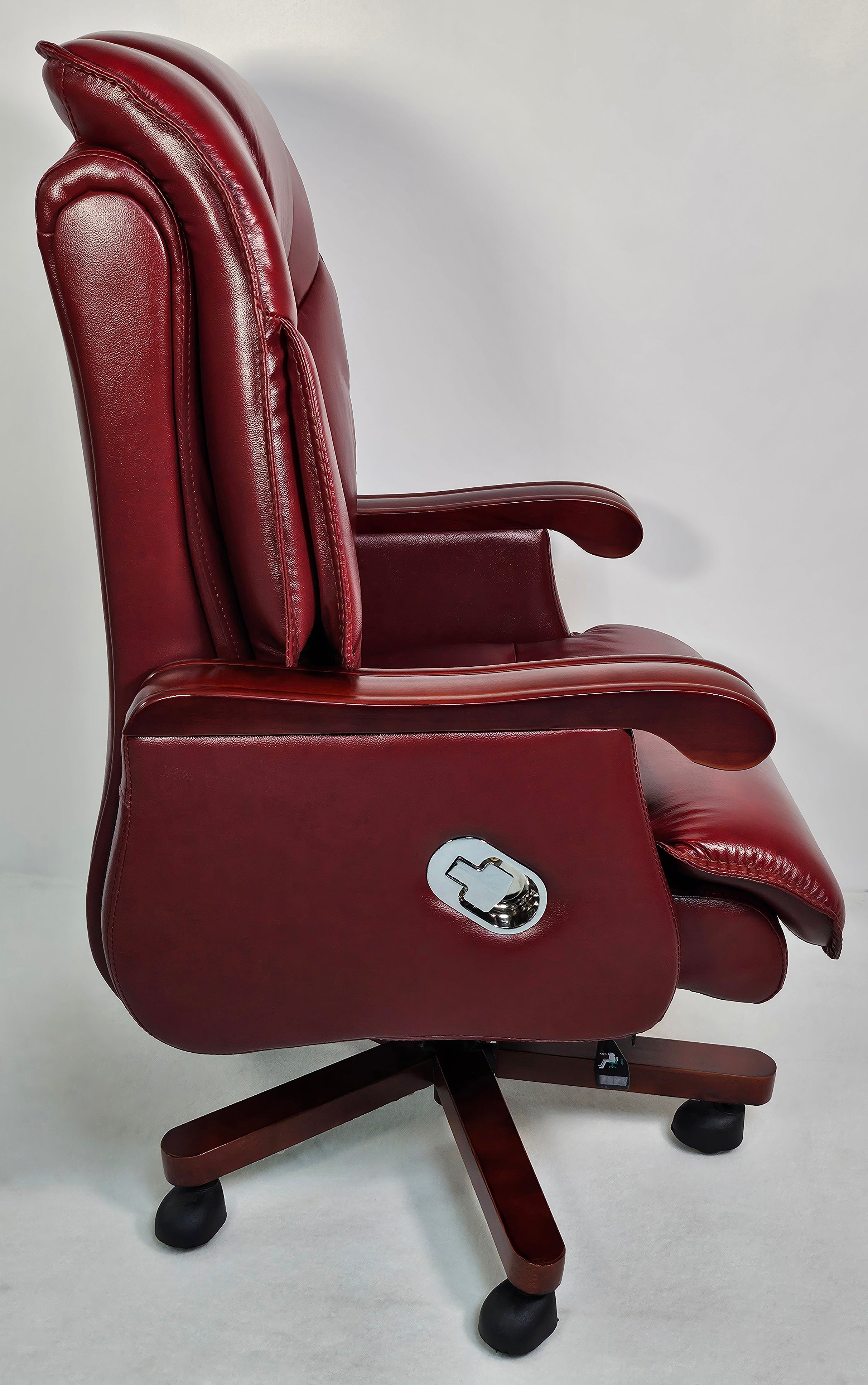 Genuine Burgundy Leather Executive Reclining Office Chair with Walnut Arms - 893
